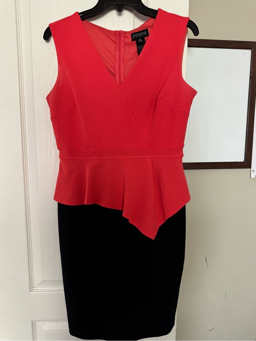 Enfocus Studio Coral and Black Asymmetrical Peplum Dress